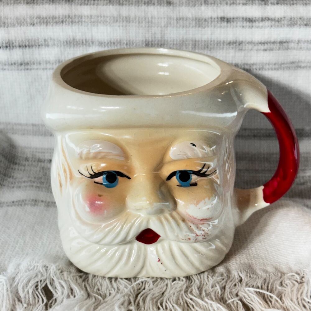 Vintage Santa Claus Face Mug Bright Red Handle Blue Eyes 1950s 1960s Japan MCM